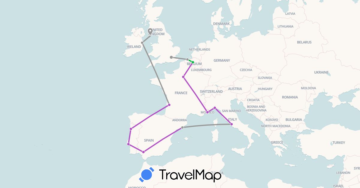 TravelMap itinerary: driving, bus, plane, train in Belgium, Spain, France, United Kingdom, Ireland, Isle of Man, Italy, Monaco, Portugal (Europe)